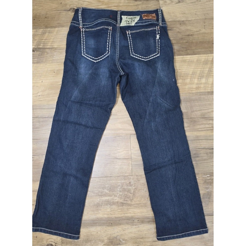 FRAGILE Blue Jeans Womens Capris Denim Blue Size 7x24Stretch Embroidered Pockets